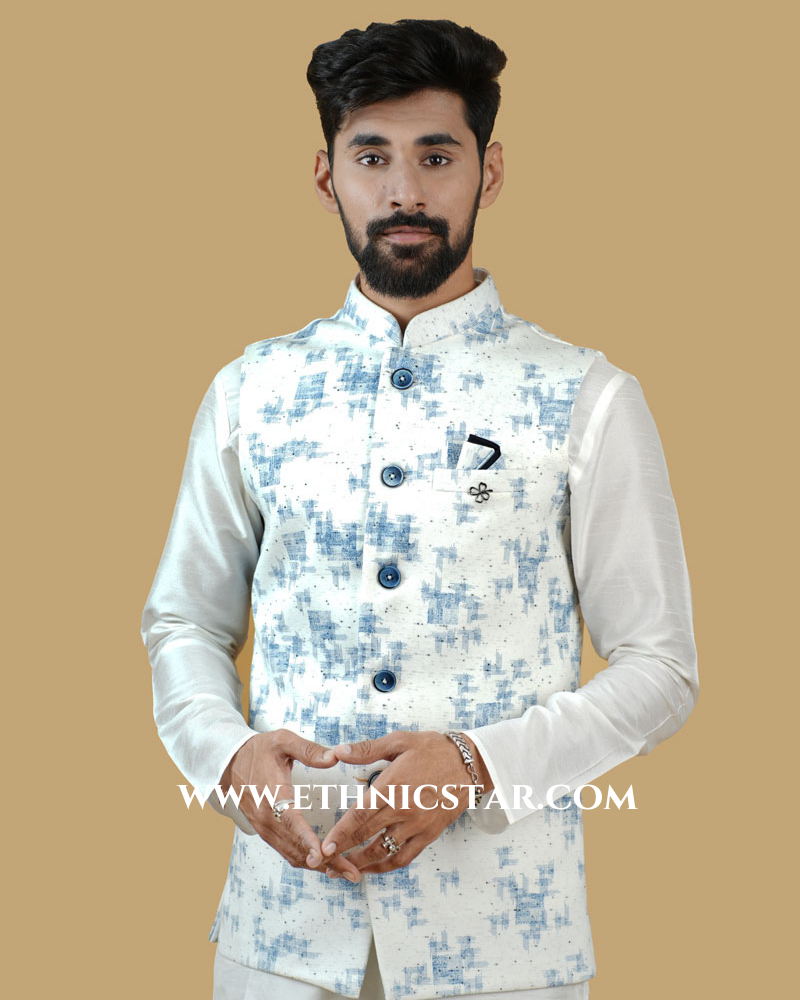 Printed White Imported Nehru Jacket